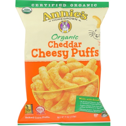 ANNIES HOMEGROWN: Organic Cheddar Cheesy Puffs, 4 oz