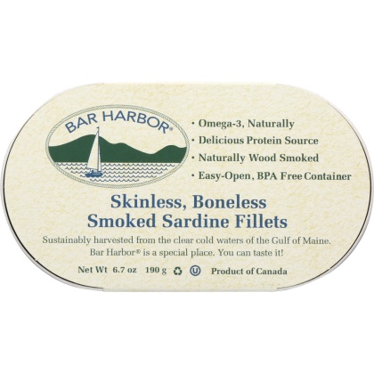 BAR HARBOR: Boneless Skinless Smoked Sardine Fillets, 6 oz