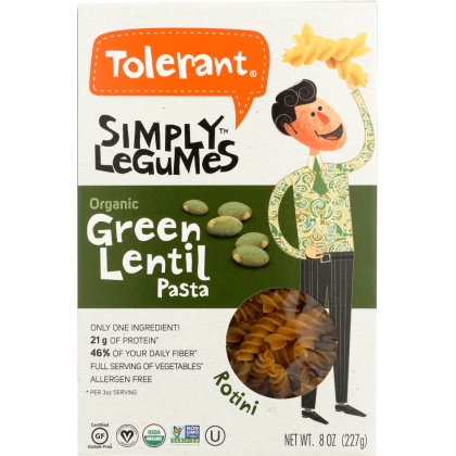 TOLERANT: Pasta Rotini Green Lentil Organic, 8 oz