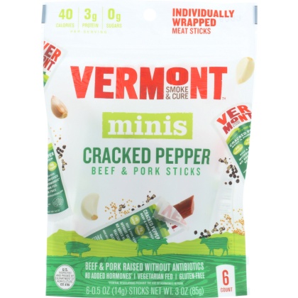 VERMONT SMOKE: Minis Cracked Pepper Beef & Pork Sticks, 3 oz